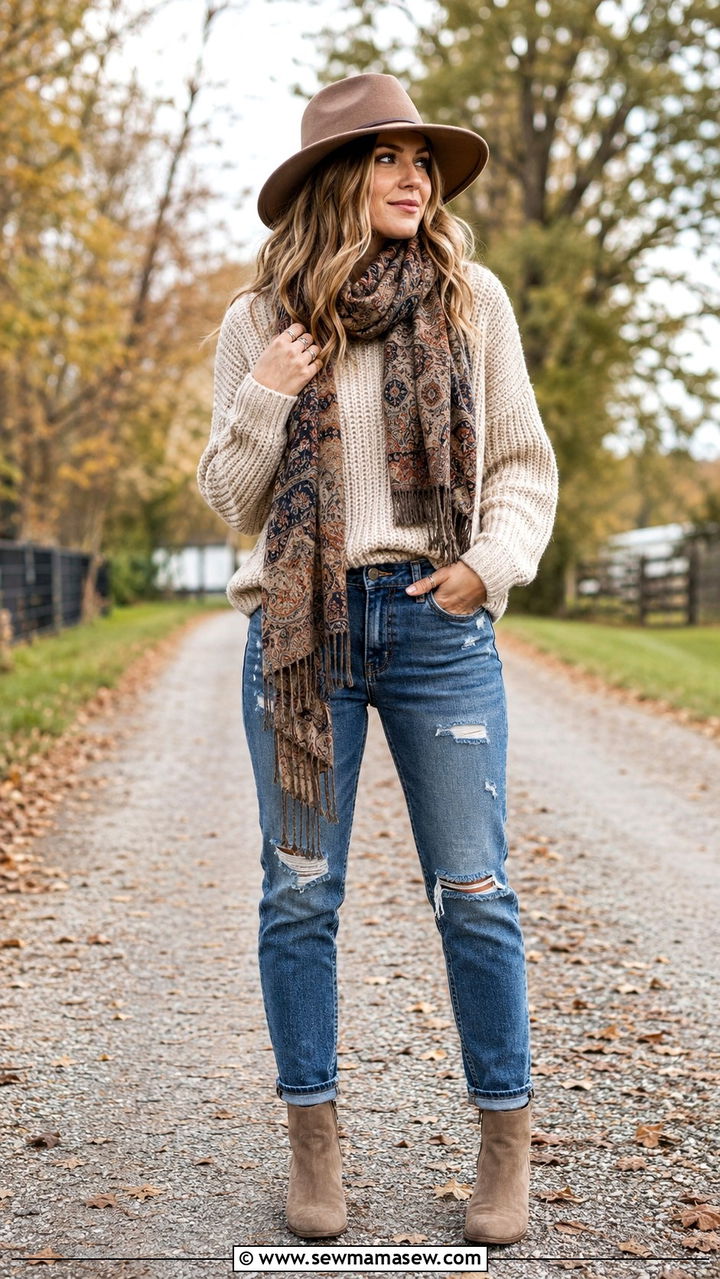 Chunky knit sweater with distressed denim - 25 Boho outfit ideas with jeans