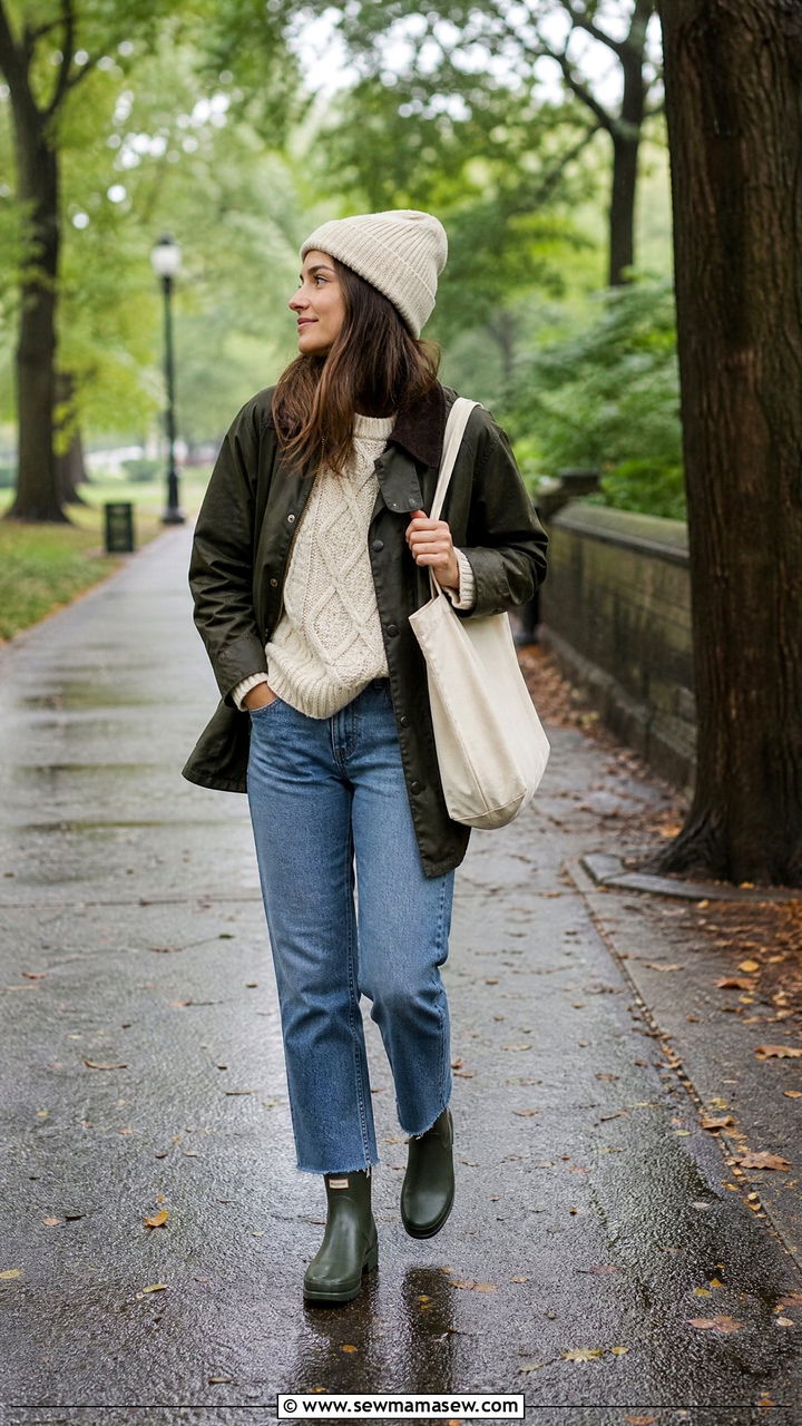 Chunky knit sweater with jeans and classic rain boots - 30 Cozy rainy day outfit ideas