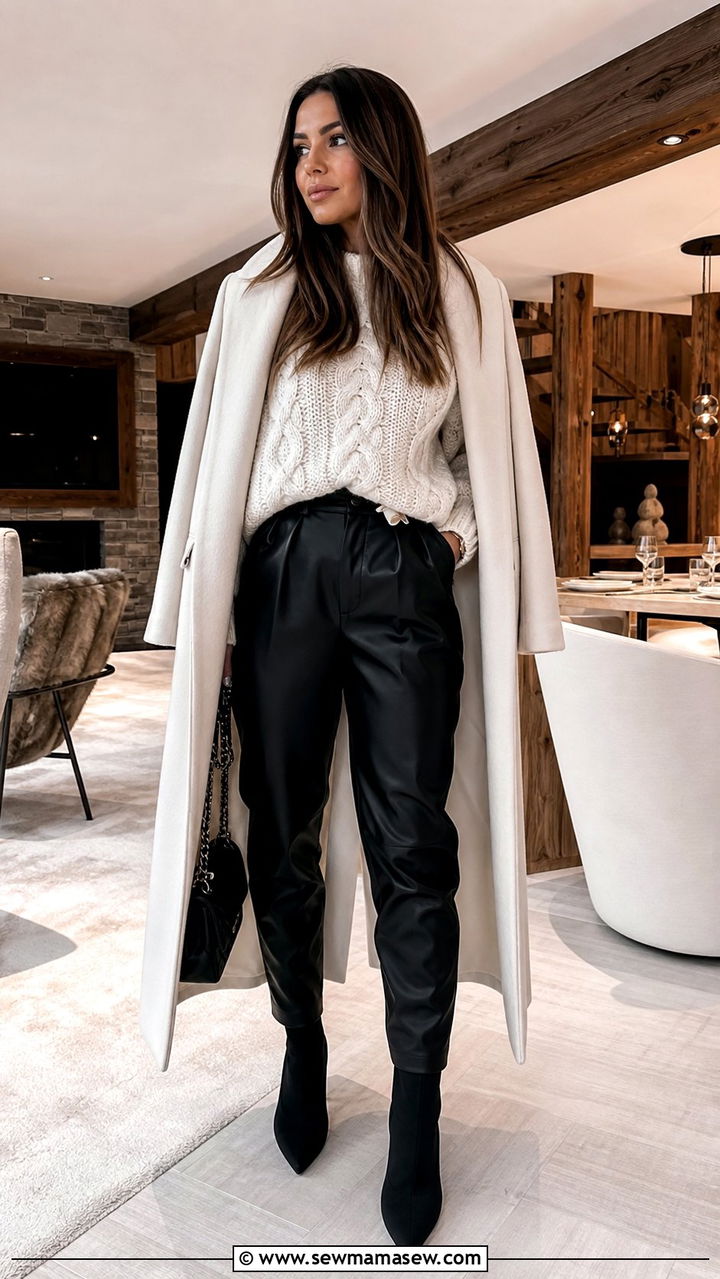Chunky knit sweater with leather pants outfit - 25 Sporty chic outfit ideas apres ski