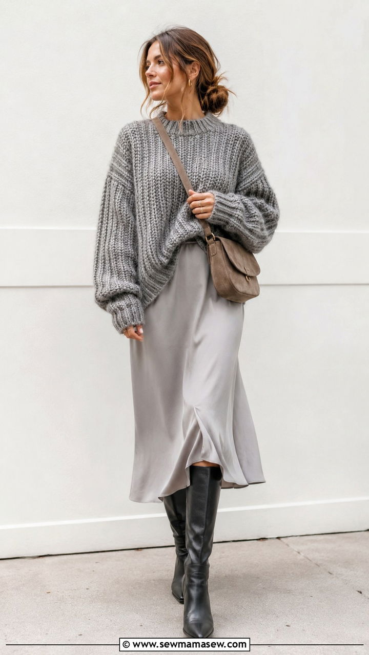 Chunky knit sweater with midi dress and knee high boots - 30 Sweater outfit ideas for women over 40