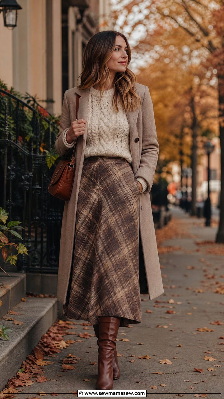 Chunky knit sweater with plaid maxi skirt - 35 maxi skirt outfits for women