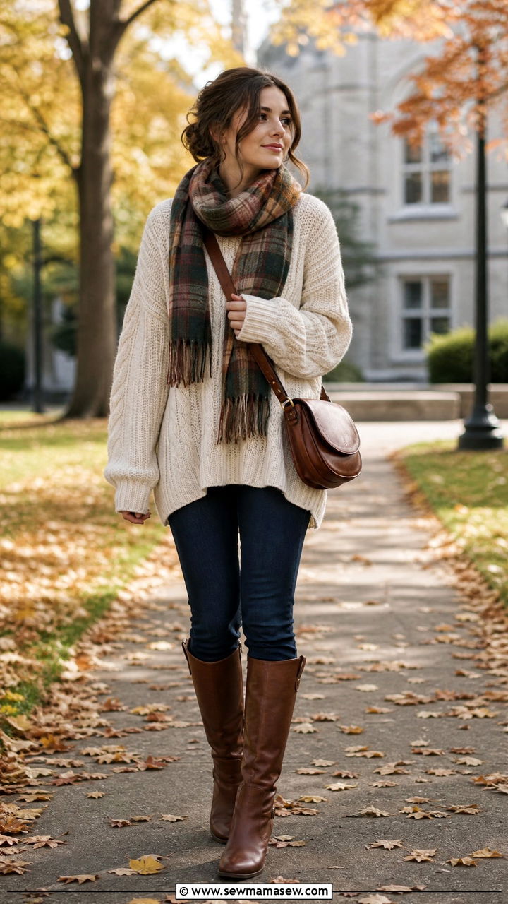 Chunky knit sweater with plaid scarf and riding boots outfit - 40 light academia outfits