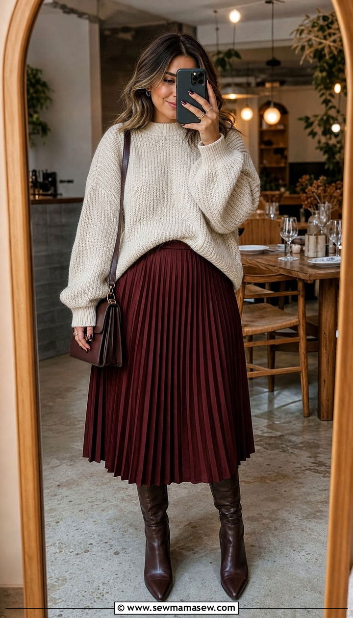 Chunky knit sweater with pleated midi skirt - 35 Brunch outfits for midsize women