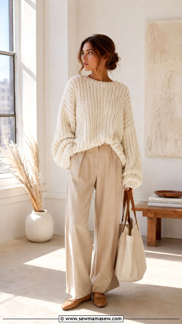 Chunky knit sweater with relaxed slacks and ballet flats - 30 Grandma chic outfit ideas