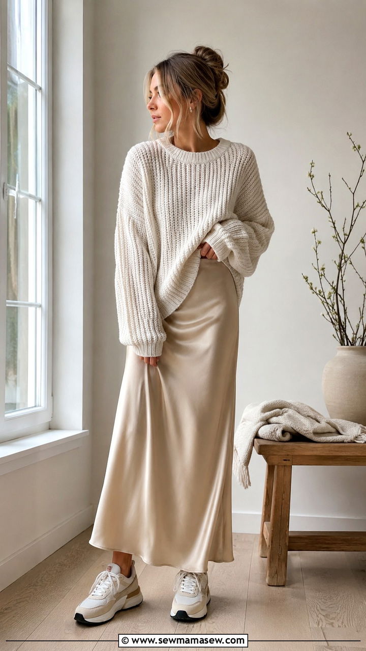 Chunky knit sweater with satin slip skirt and sneakers - 30 transitional sneaker outfit ideas