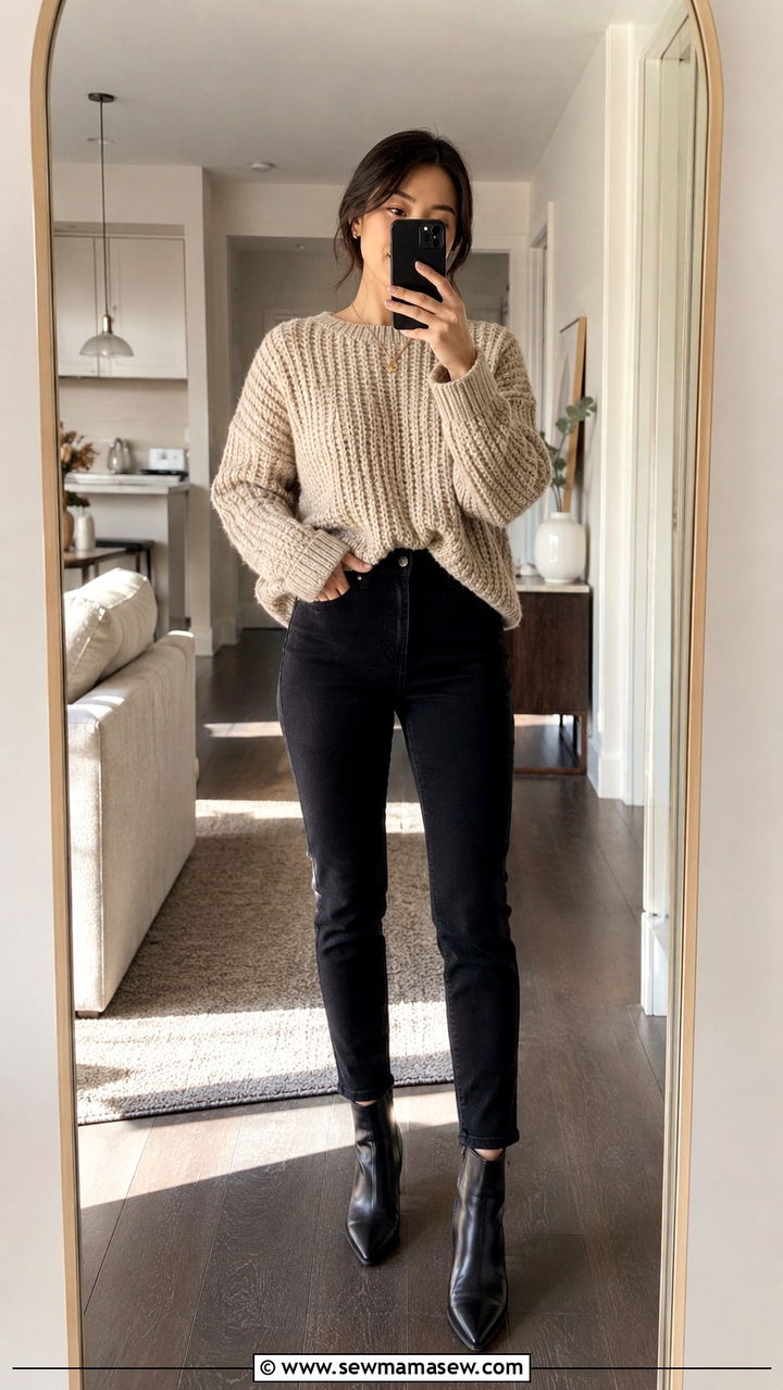 Chunky knit sweater with slim ankle jeans - 30 Sweater outfit ideas petite