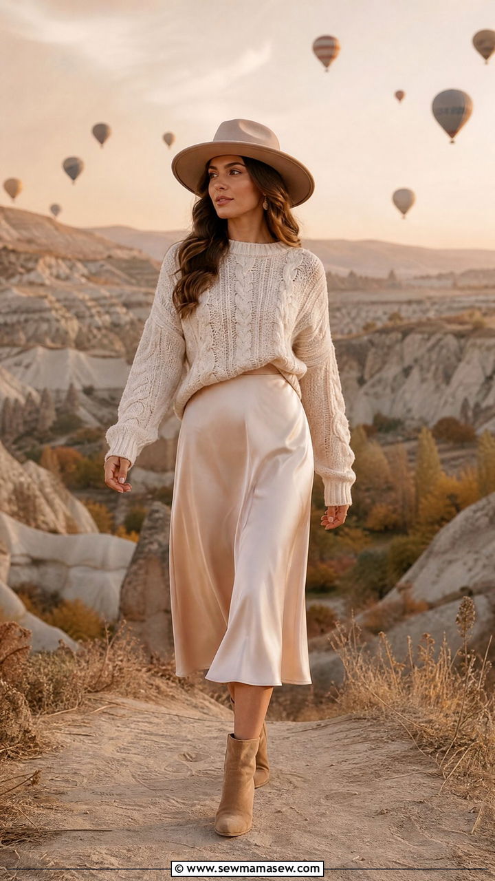 Chunky knit sweater with slip skirt Cappadocia outfit - 25 Cappadocia outfit ideas