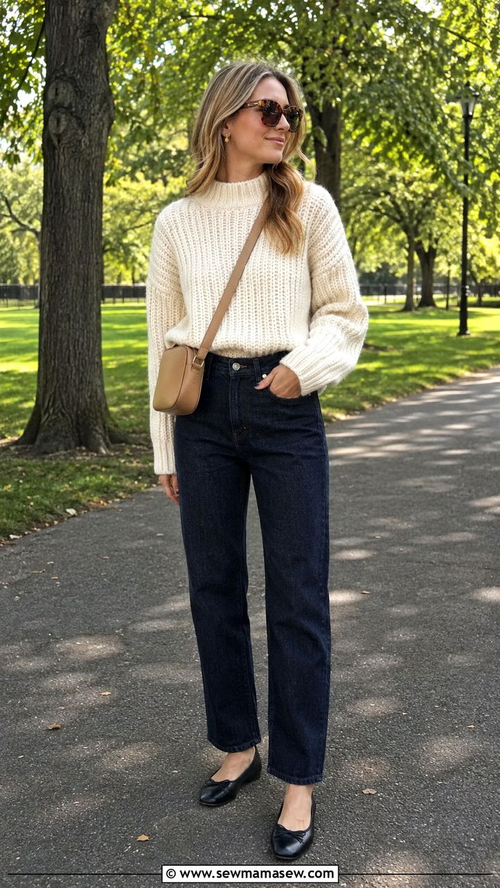 Chunky knit sweater with straight leg jeans and ballet flats - 30 Sweater outfit ideas for work