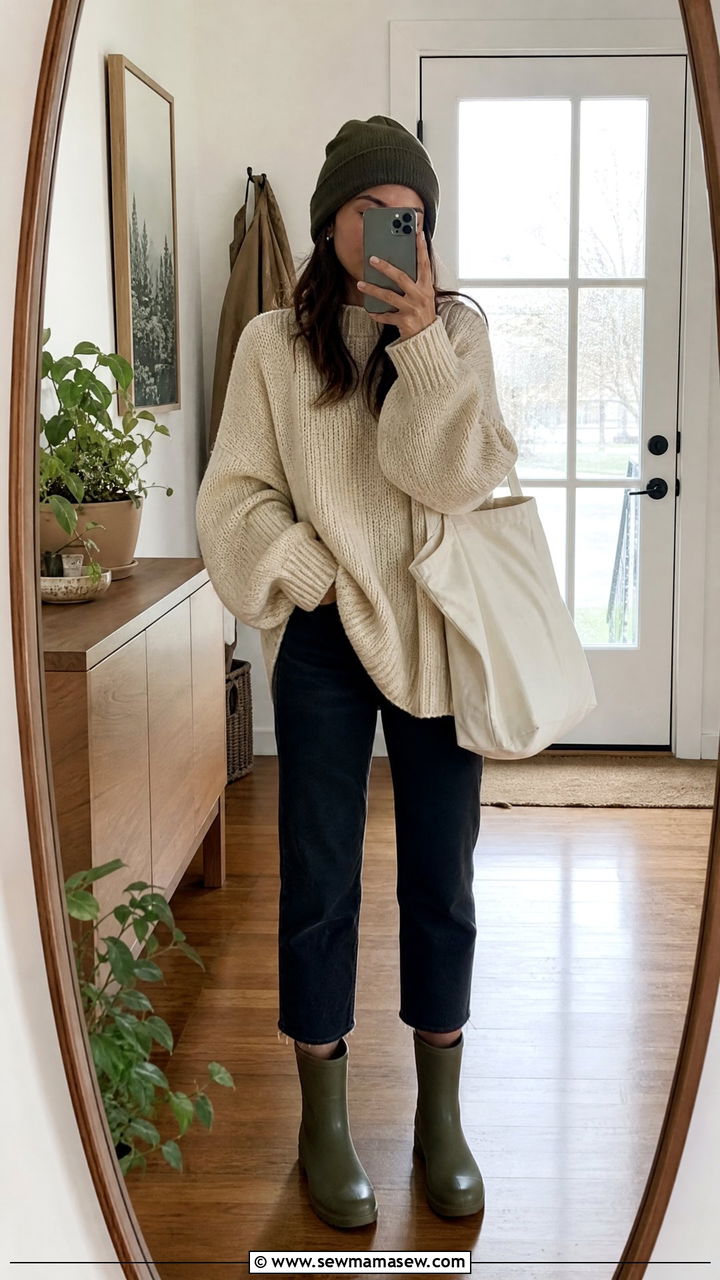 Chunky knit sweater with straight leg jeans and rain boots - 30 Cozy rainy day outfit ideas