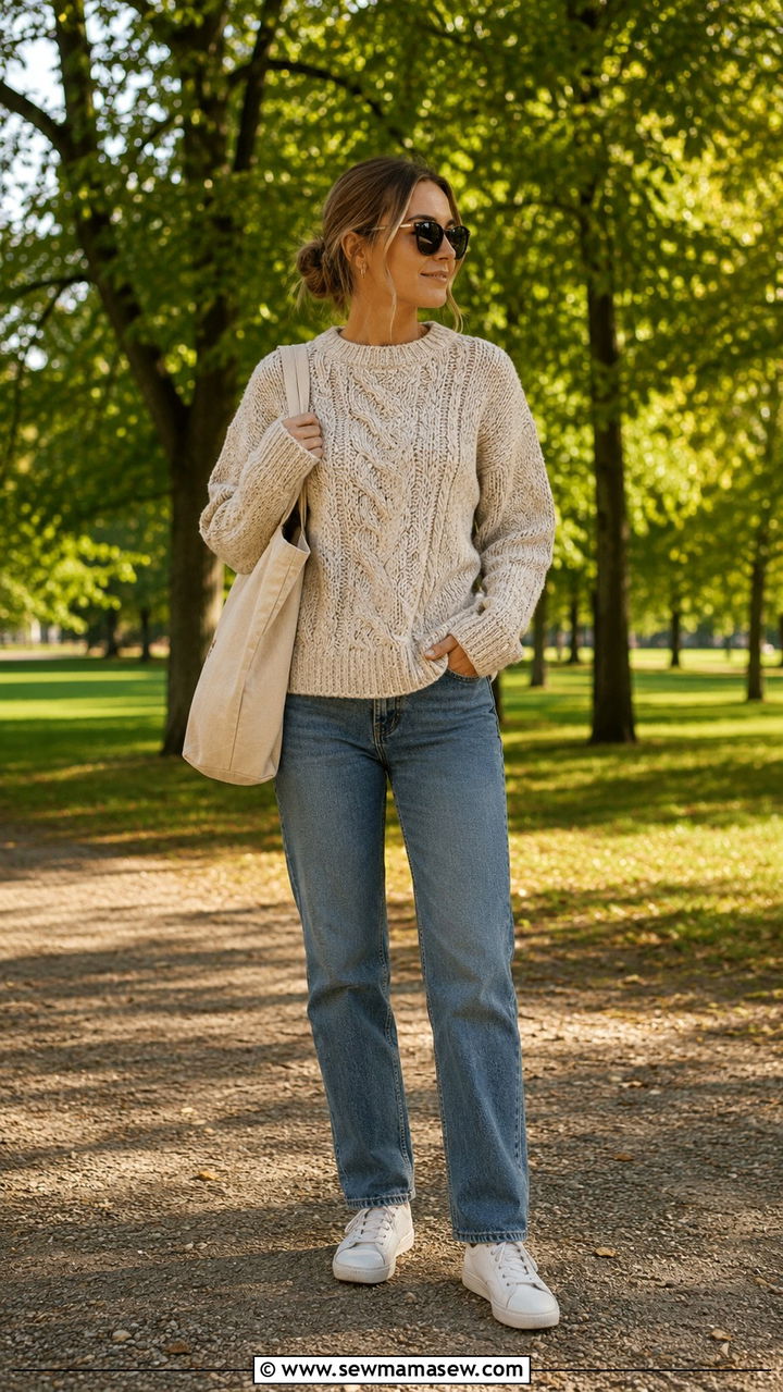 Chunky knit sweater with straight leg jeans and sneakers - 25 Scandinavian cozy outfit ideas