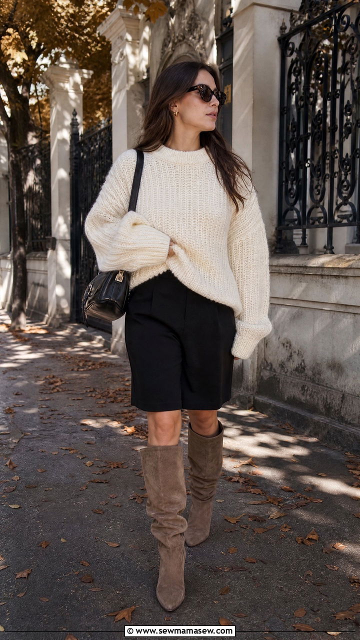 Chunky knit sweater with tailored shorts and tall boots - 30 summer to fall outfits for women