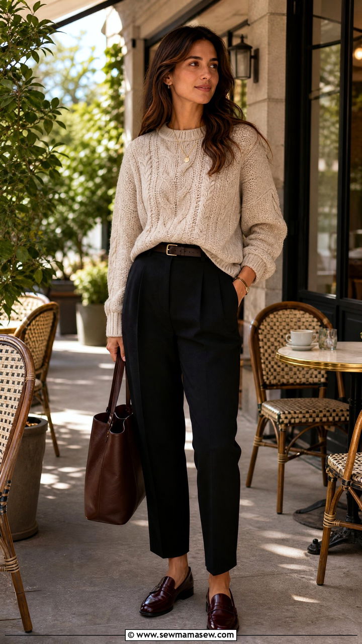 Chunky knit sweater with tailored trousers and loafers - 25 Polished spring outfit ideas 2026