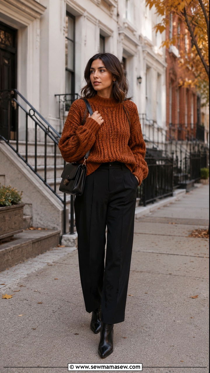 Chunky knit sweater with tailored trousers - 30 Modest wardrobe essentials 2026