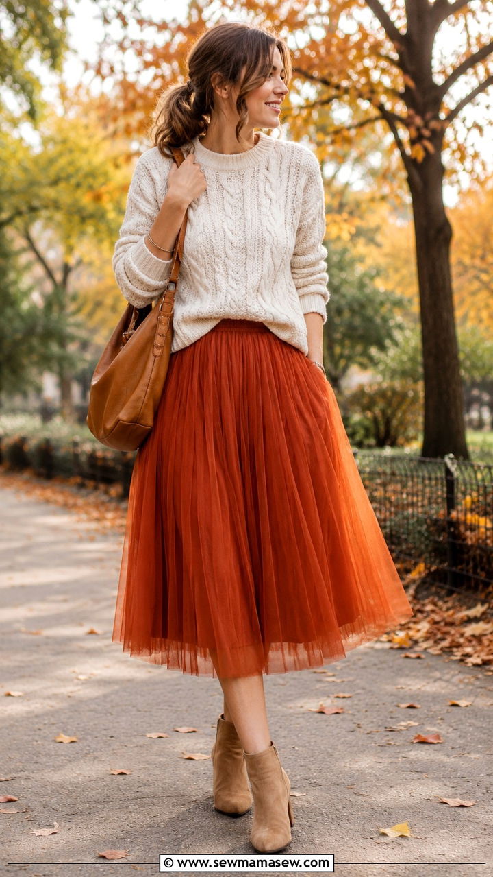 Chunky knit sweater with tulle skirt and heels - 25 Tulle skirt outfit ideas with heels