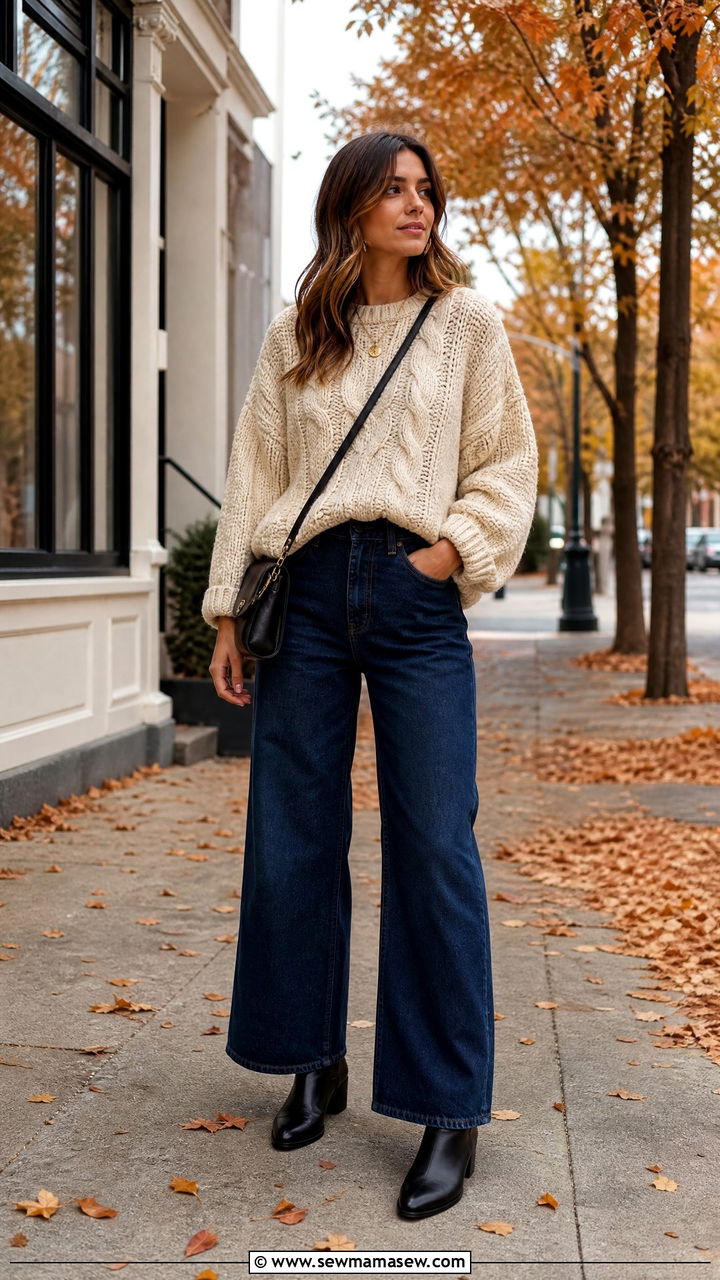 Chunky knit sweater with wide leg jeans and Chelsea boots - 25 Business casual outfits with jeans