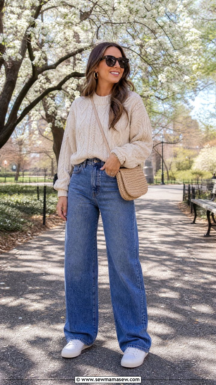 Chunky knit sweater with wide leg jeans outfit - 30 Cozy spring outfit ideas 2026