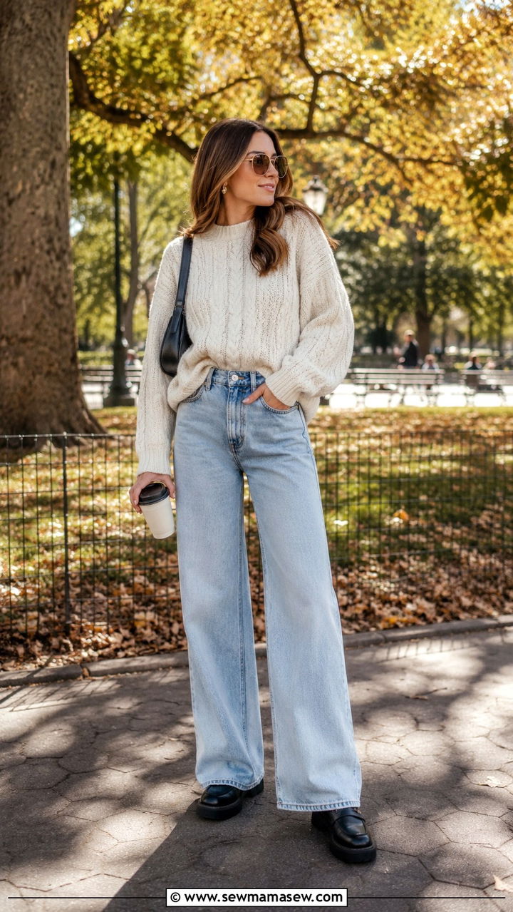 Chunky knit with high waisted light wash jeans and loafers - 30 High waisted jeans outfit ideas with loafers
