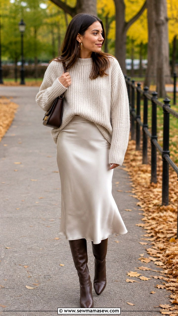 Chunky knit with midi skirt and knee high boots outfit NYC - 40 What to wear in New York