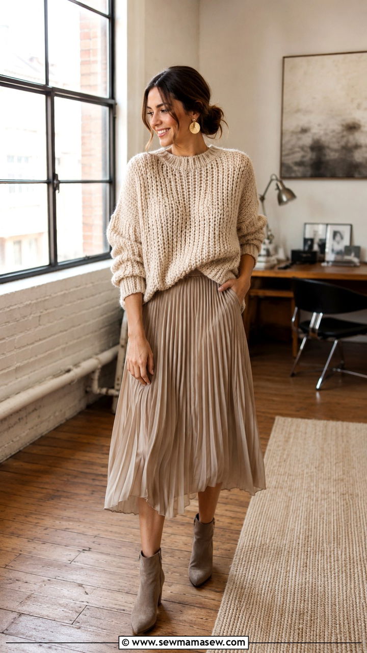 Chunky knit with midi skirt outfit - 30 transitional work outfit ideas