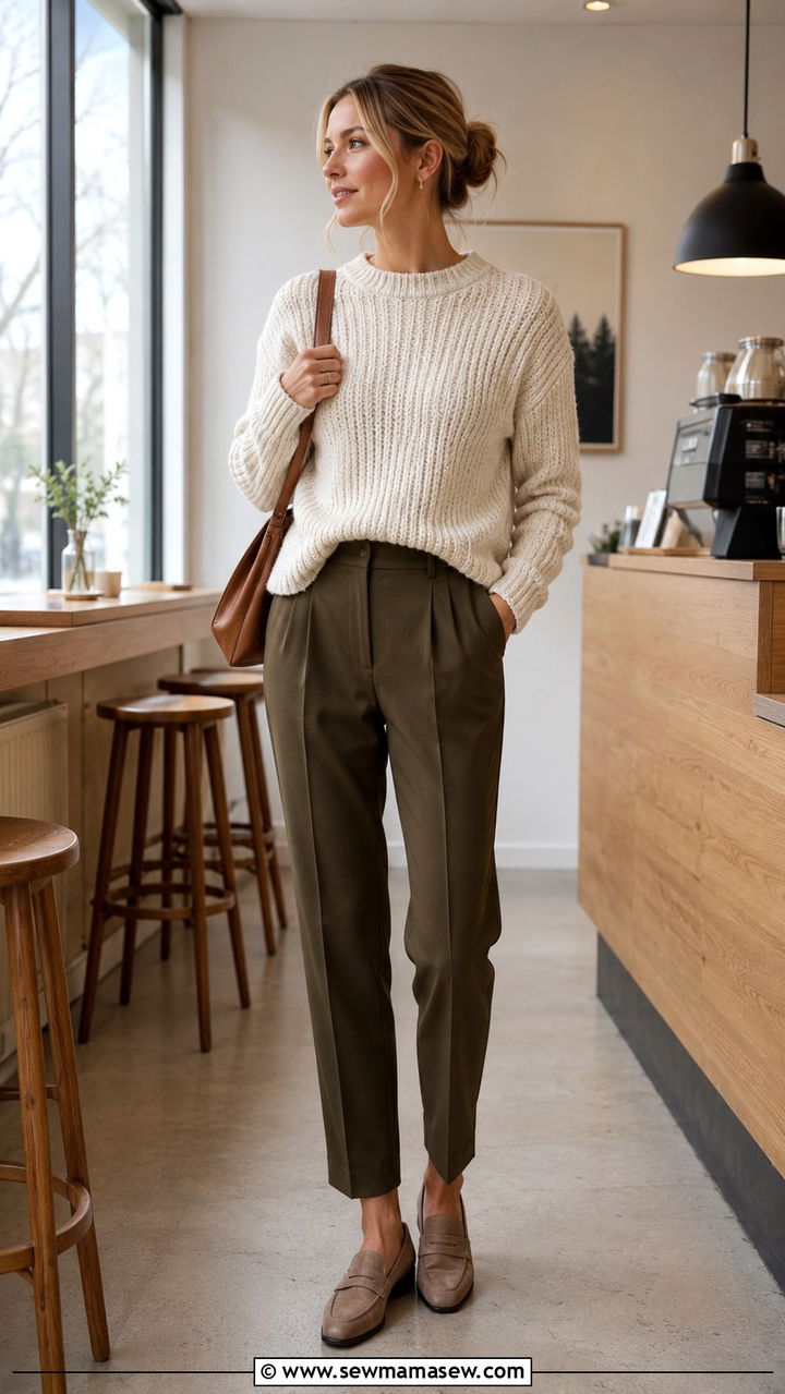 Chunky knit with tailored trousers outfit - 30 scandinavian capsule wardrobe outfits