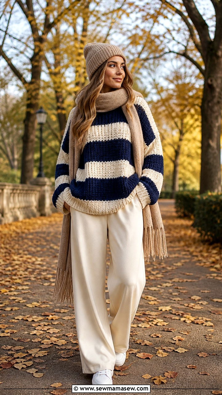 Chunky navy and cream striped sweater with ivory palazzo pants - 40 striped outfit ideas