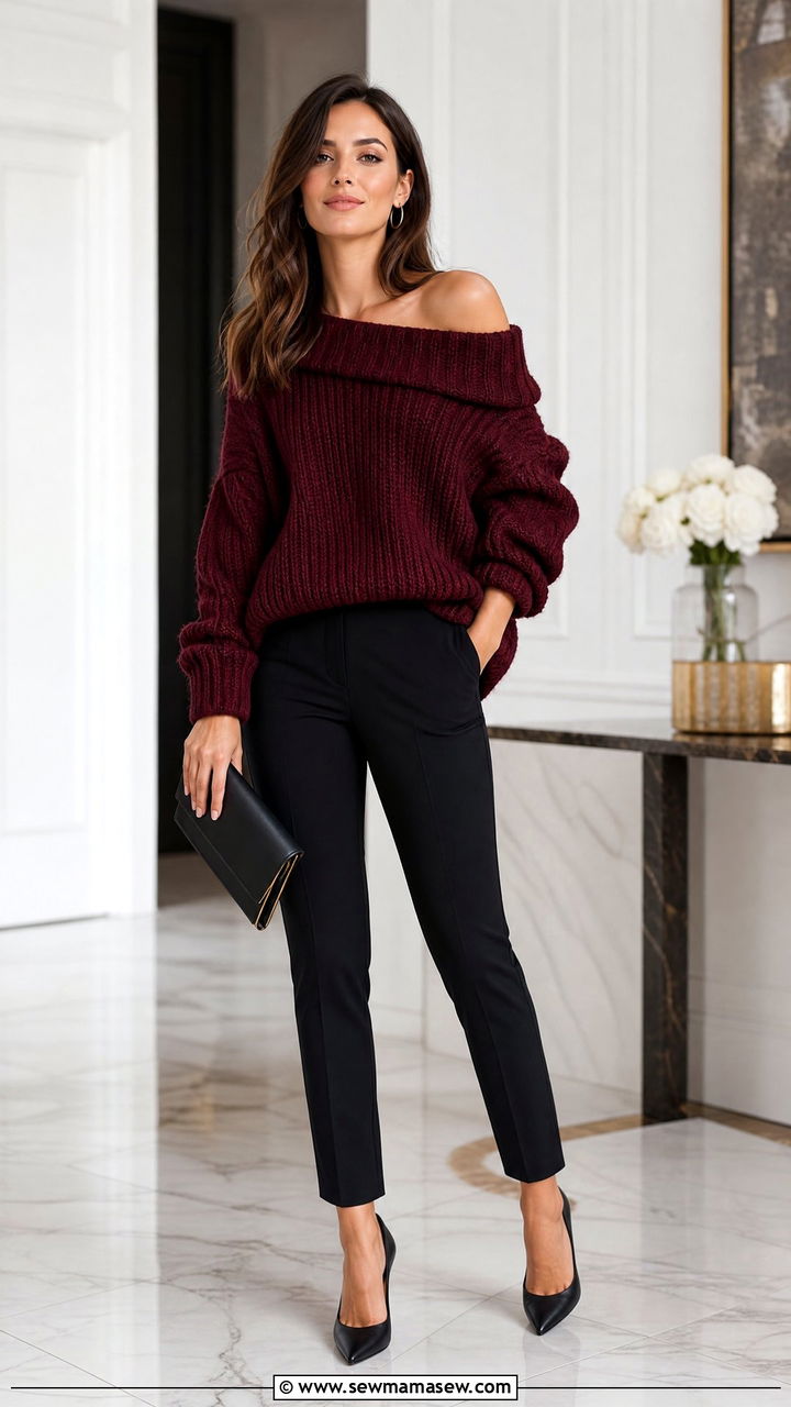 Chunky off shoulder sweater with slim fit trousers - 25 chic chunky sweater outfit ideas