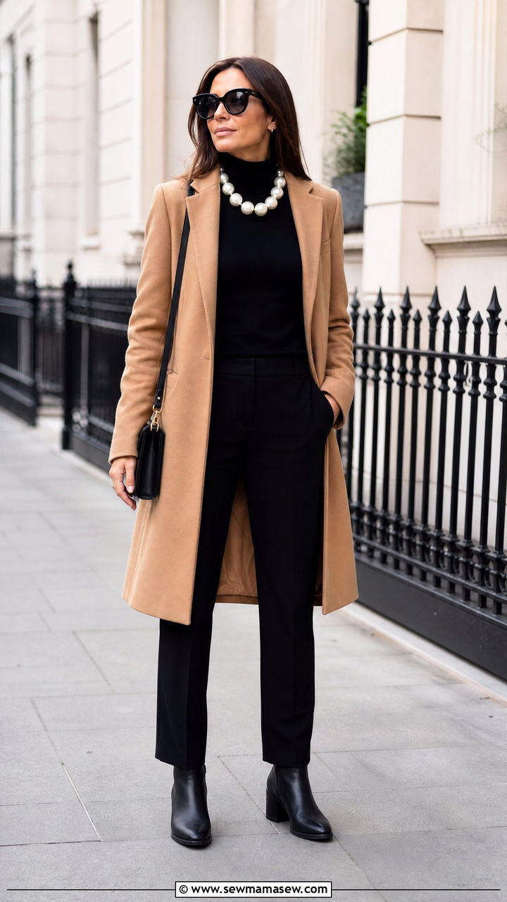 Chunky pearl necklace with camel coat and turtleneck - 40 Pearl necklace outfit ideas