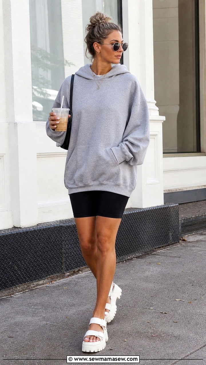 Chunky platform sandals with bike shorts and a hoodie - 40 platform sandals outfit ideas