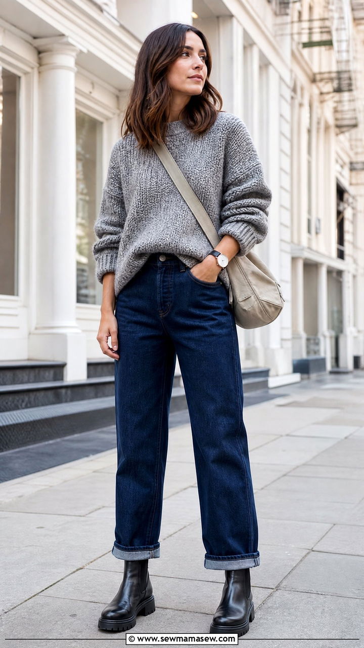 Chunky pullover sweater with boyfriend jeans and lug sole boots - 25 Boyfriend jeans outfit ideas with a sweater