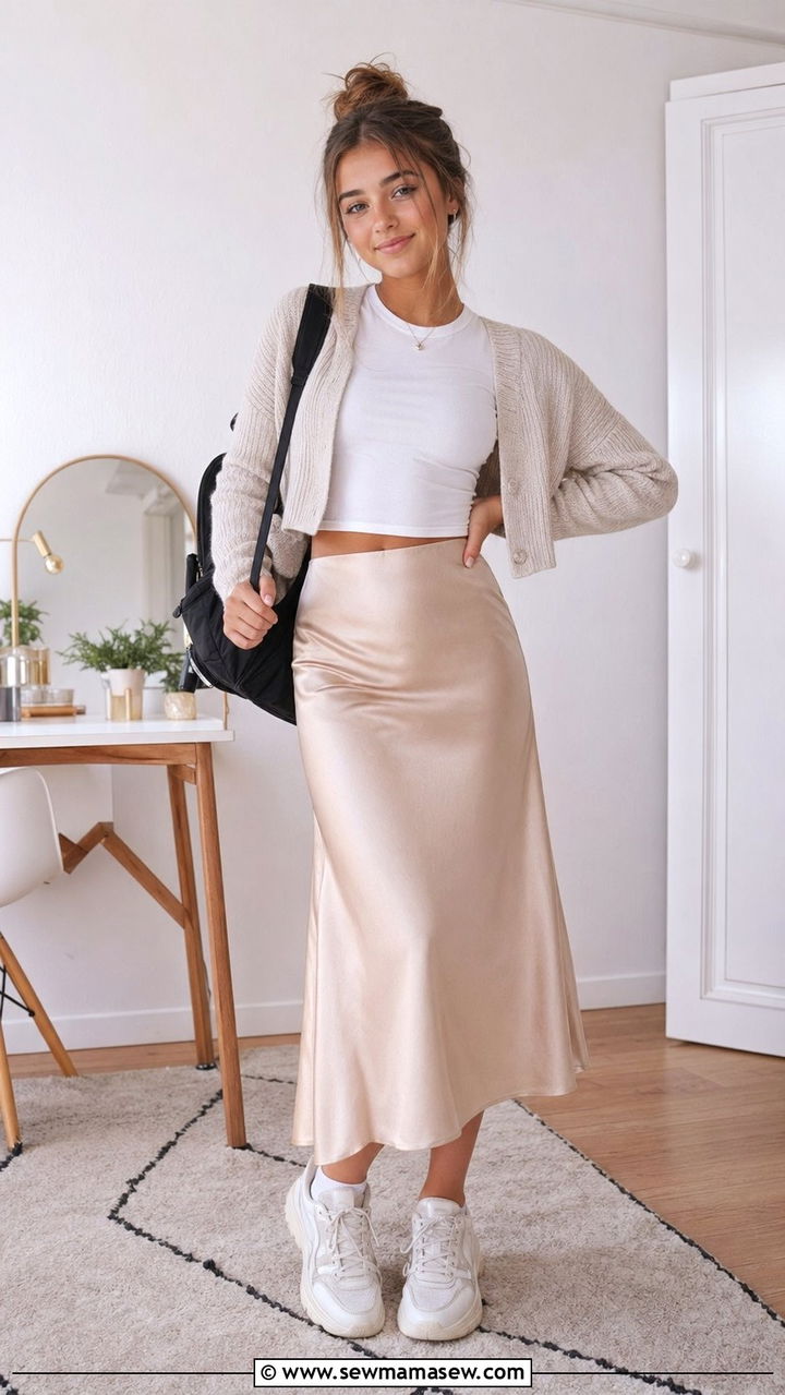 Chunky sneakers and midi skirt school outfit - 35 Back to school outfit ideas 9th grade