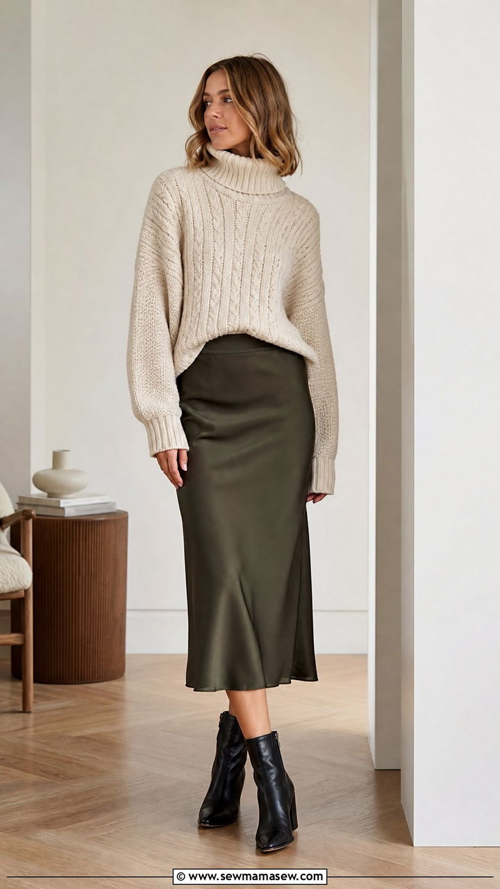 Chunky sweater and midi skirt outfit - 30 scandinavian capsule wardrobe outfits