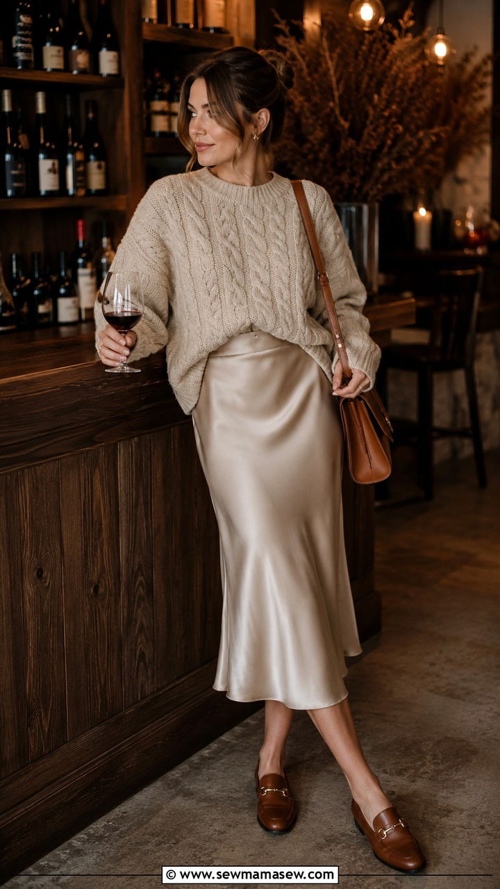 Chunky sweater and midi skirt with loafers - 25 Old money outfit ideas with loafers