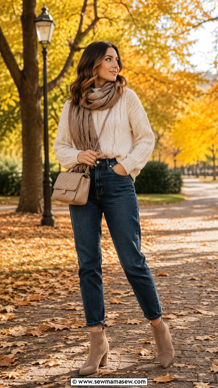 Chunky sweater and mom jeans with ankle boots - 30 How to style mom jeans