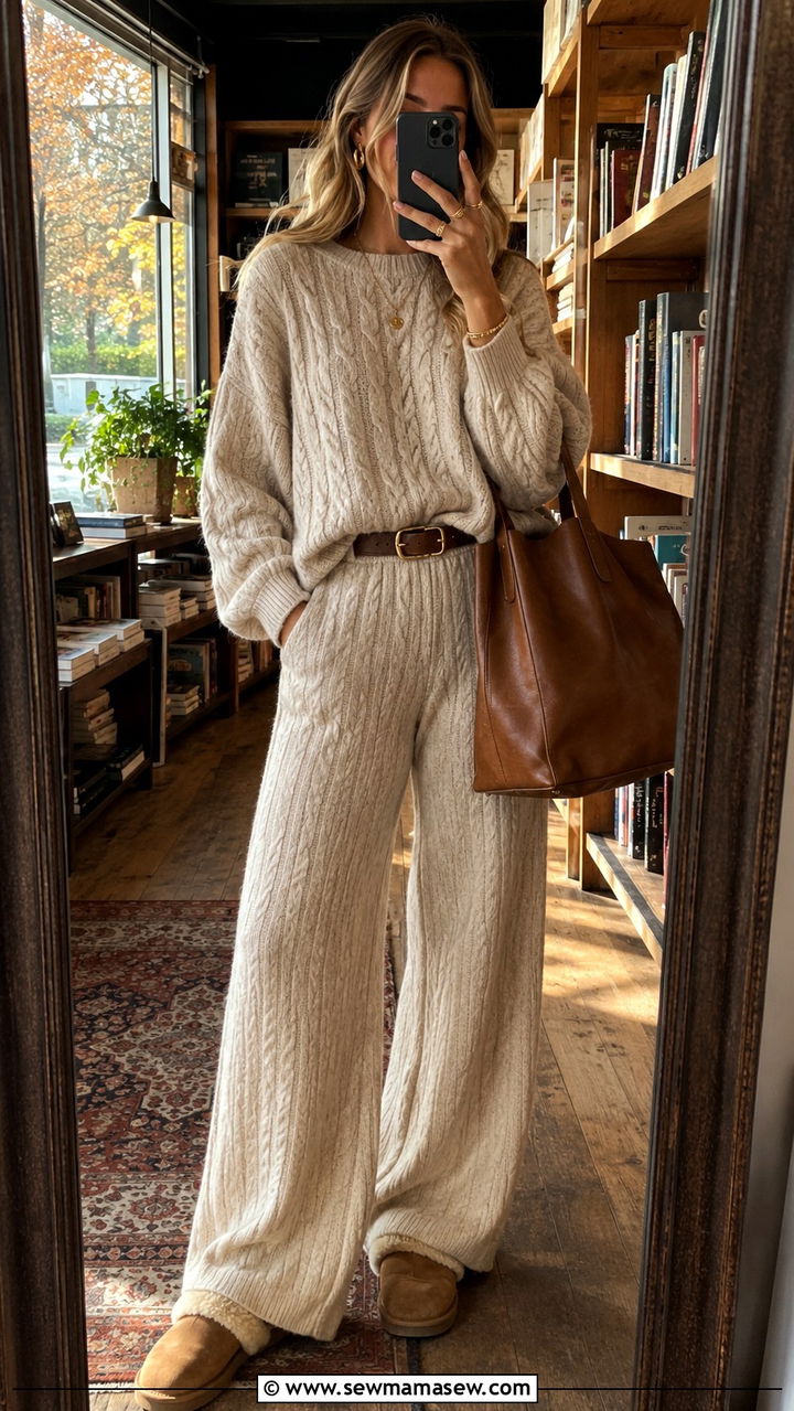 Chunky sweater and wide leg pants matching set for cozy days - 30 how to style matching set outfits