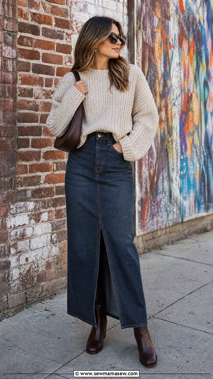 Chunky sweater with a denim maxi skirt - 25 chic chunky sweater outfit ideas
