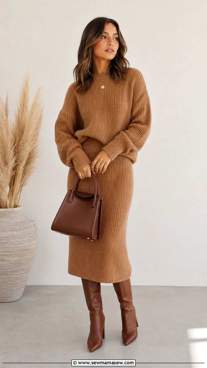 Chunky sweater with a matching knit midi skirt - 25 chic chunky sweater outfit ideas