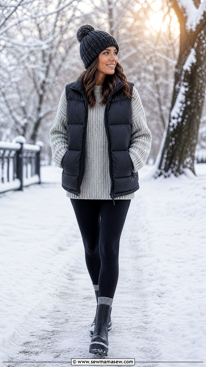 Chunky sweater with a puffer vest and leggings - 25 chic chunky sweater outfit ideas