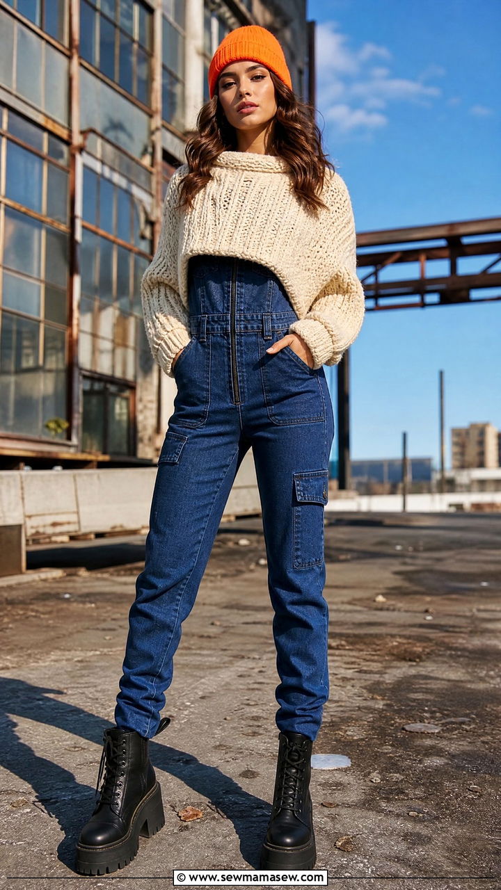 Chunky sweater with a utility jumpsuit layered underneath - 25 chic chunky sweater outfit ideas