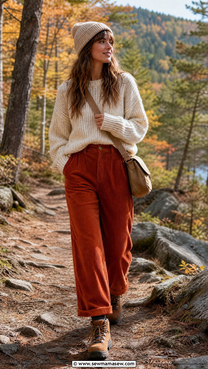 Chunky sweater with corduroy pants and hiking boots - 25 chic chunky sweater outfit ideas