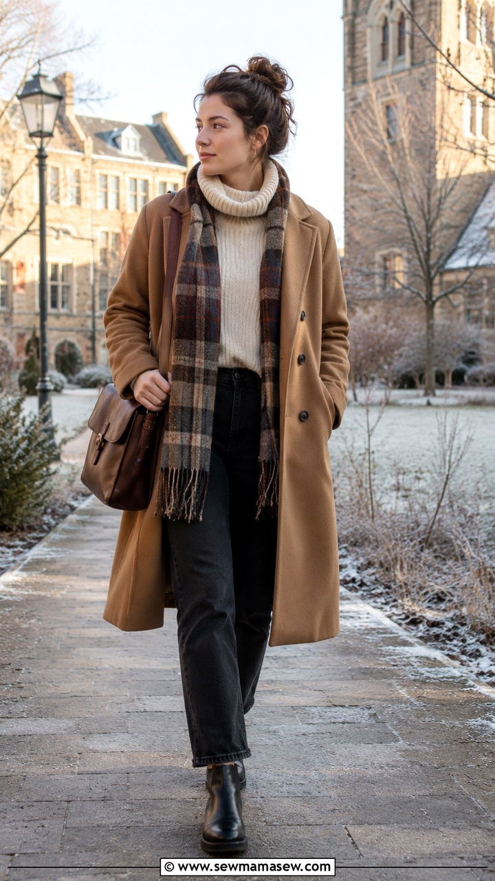 Chunky turtleneck sweater with long wool coat and straight leg jeans - 25 Poetcore outfit ideas college professor aesthetic