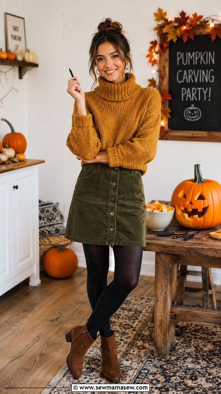 Chunky turtleneck with a corduroy skirt and tights - 30 Pumpkin carving party outfit ideas