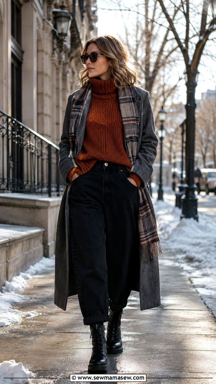 Chunky turtleneck with barrel jeans and combat boots - 25 Barrel jeans outfit ideas with a sweater