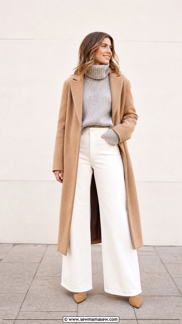 Chunky turtleneck with white wide leg jeans - 25 chic chunky sweater outfit ideas