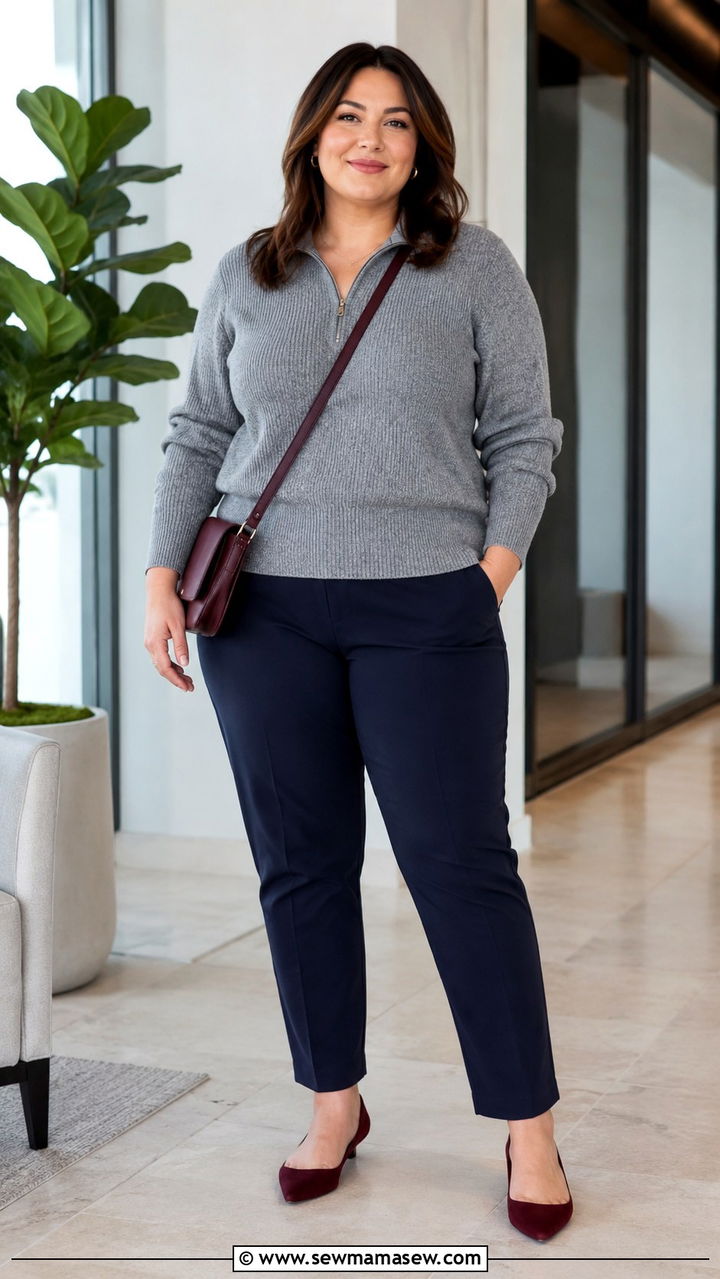 Cigarette Pants with Quarter Zip Sweater - 30 Office outfit ideas plus size