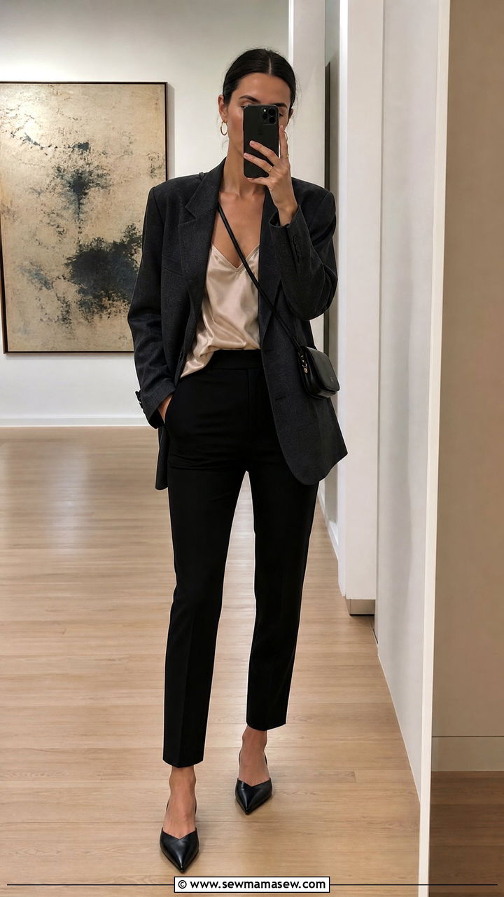 Cigarette pants and silk camisole gallery look - 30 Gallery opening outfit ideas