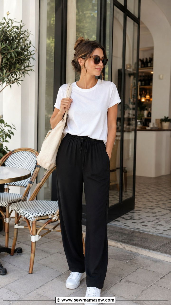 City Break Outfit With Drawstring Trousers and Basic Tee - 25 travel outfits Pinterest