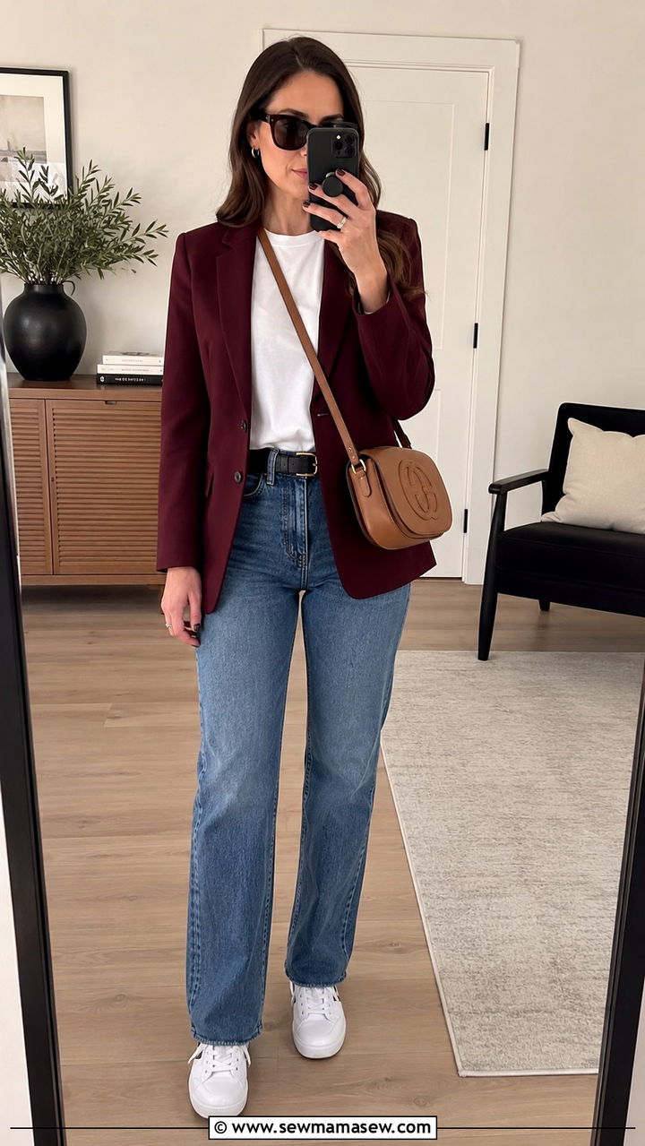 Claret Blazer with White Tee and Jeans - 30 Claret outfit ideas