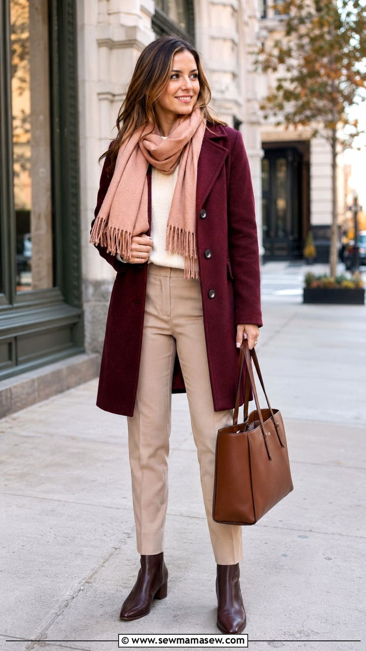 Claret Coat with Beige Trousers - 30 Claret outfit ideas
