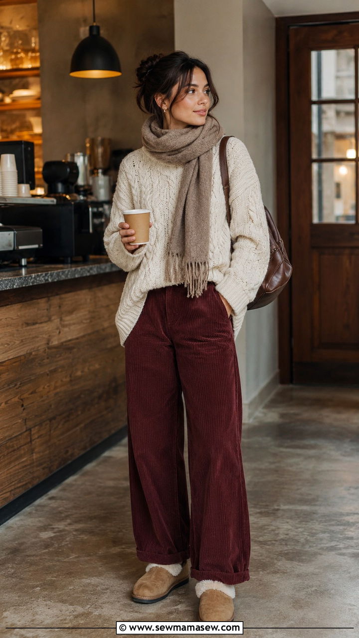 Claret Corduroy Pants with Chunky Knit - 30 Claret outfit ideas