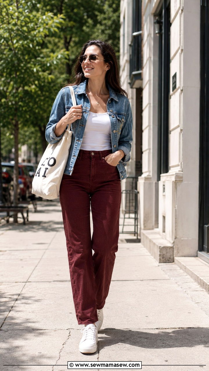 Claret Jeans with Denim Jacket - 30 Claret outfit ideas